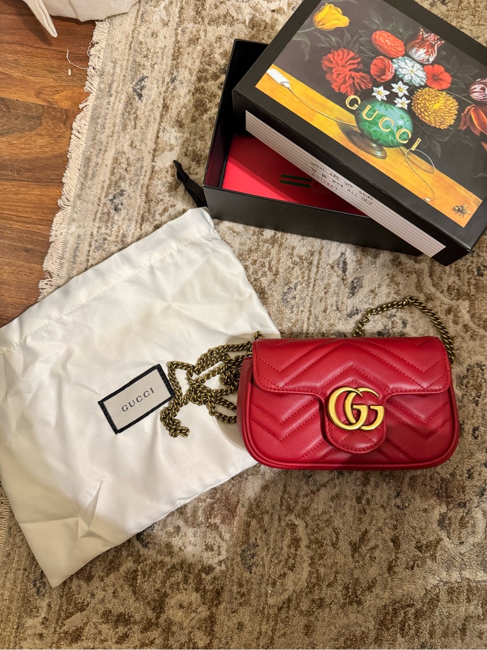 Gucci Red GG Marmont Quilted Mini Crossbody with Gold Hardware